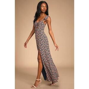Lulus The Way To Love Navy Blue Floral Print Ruffled Maxi Dress - Size XS